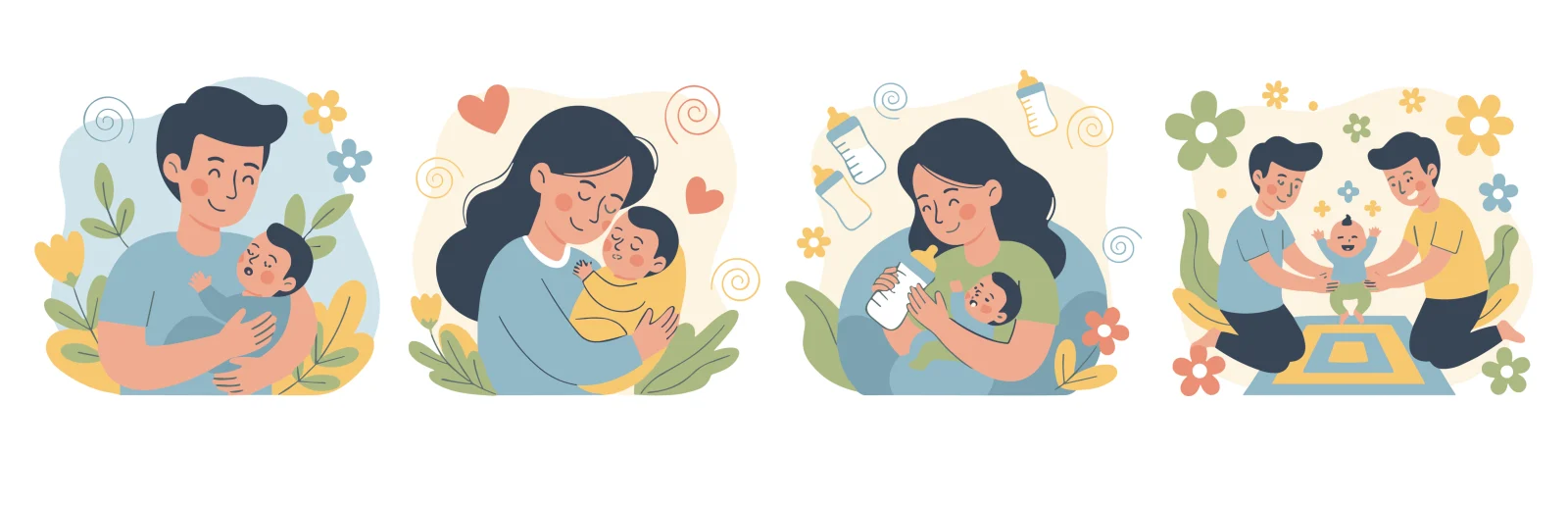 Four illustrated moments of parents comforting, feeding, and playing with their baby